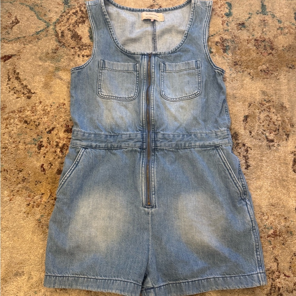 BCBGeneration Light Blue Denim Zip-Front Romper